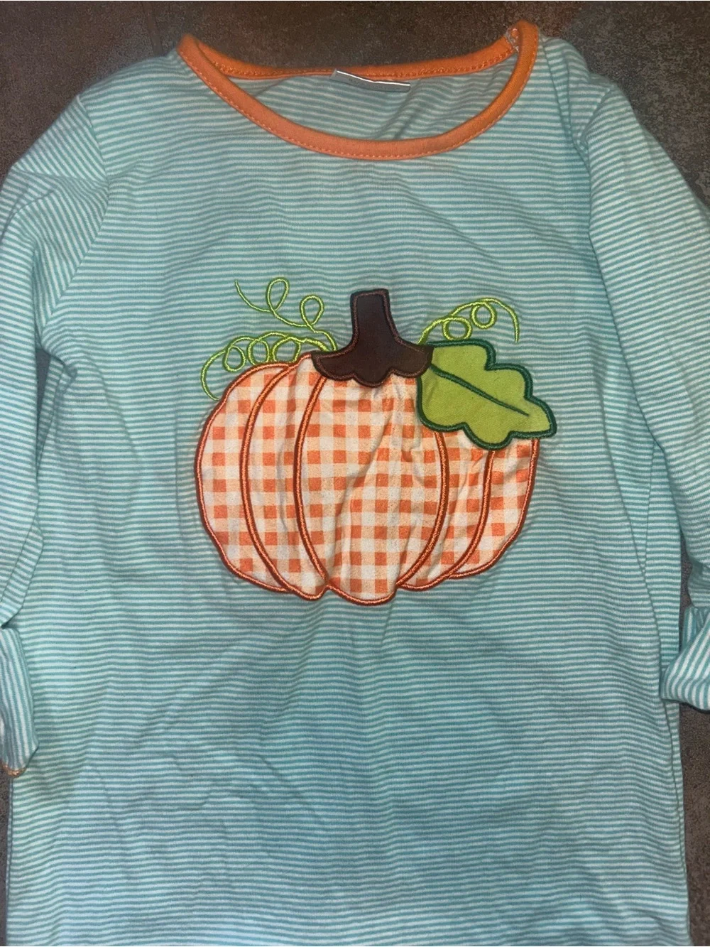 Striped Aqua Baby Romper with Pumpkin Applique